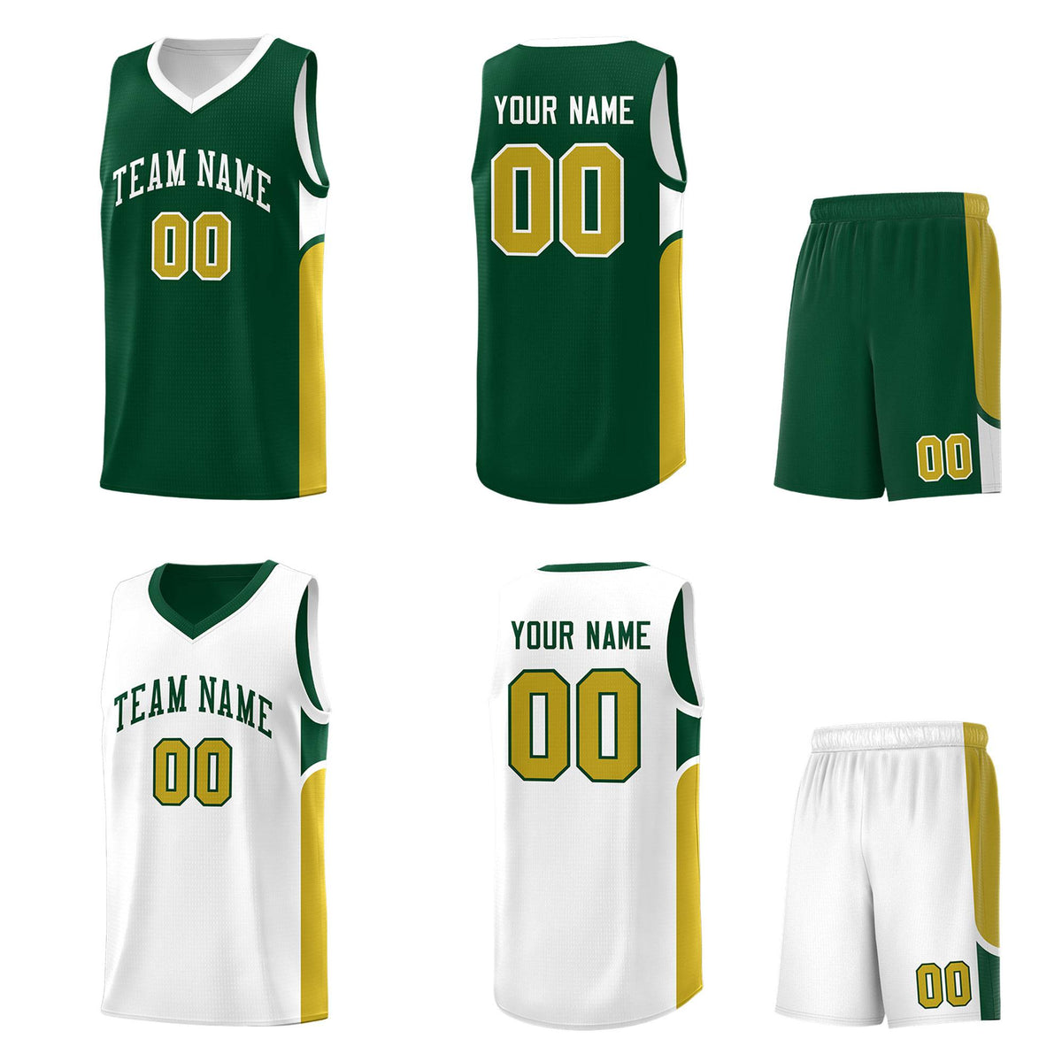 Custom Green White Side U-shaped Patttern Double Side Sports Uniform Basketball Jersey