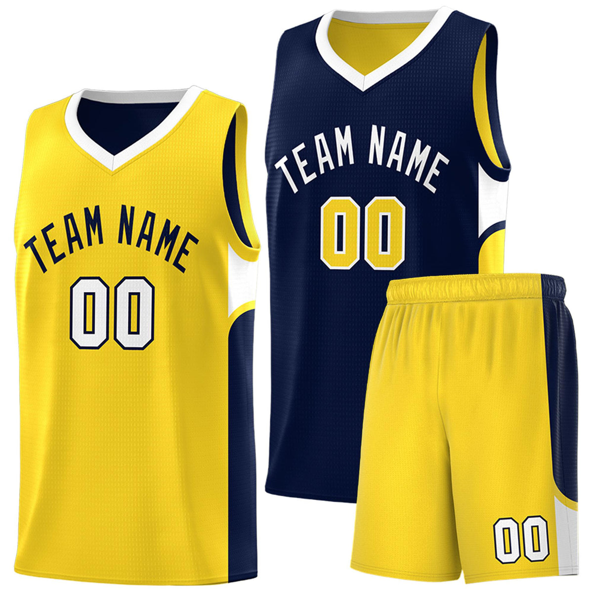 Custom Navy Gold Side U-shaped Patttern Double Side Sports Uniform Basketball Jersey