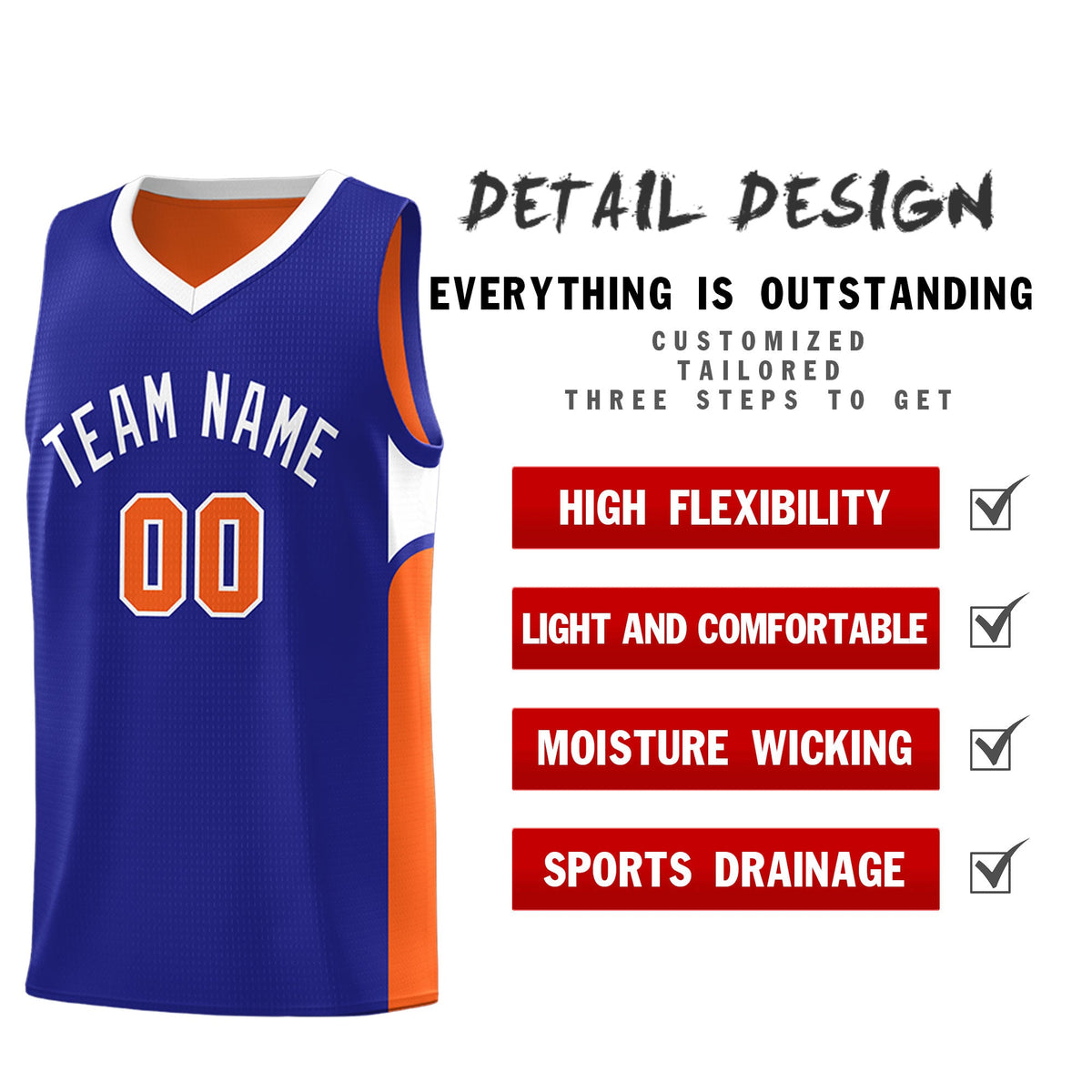 Custom Royal Orange Side U-shaped Patttern Double Side Sports Uniform Basketball Jersey
