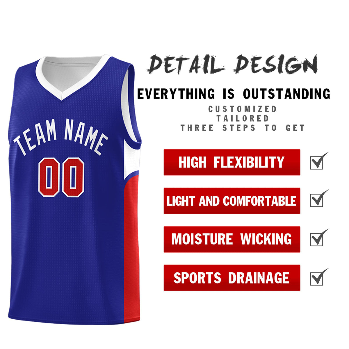 Custom Royal White Side U-shaped Patttern Double Side Sports Uniform Basketball Jersey
