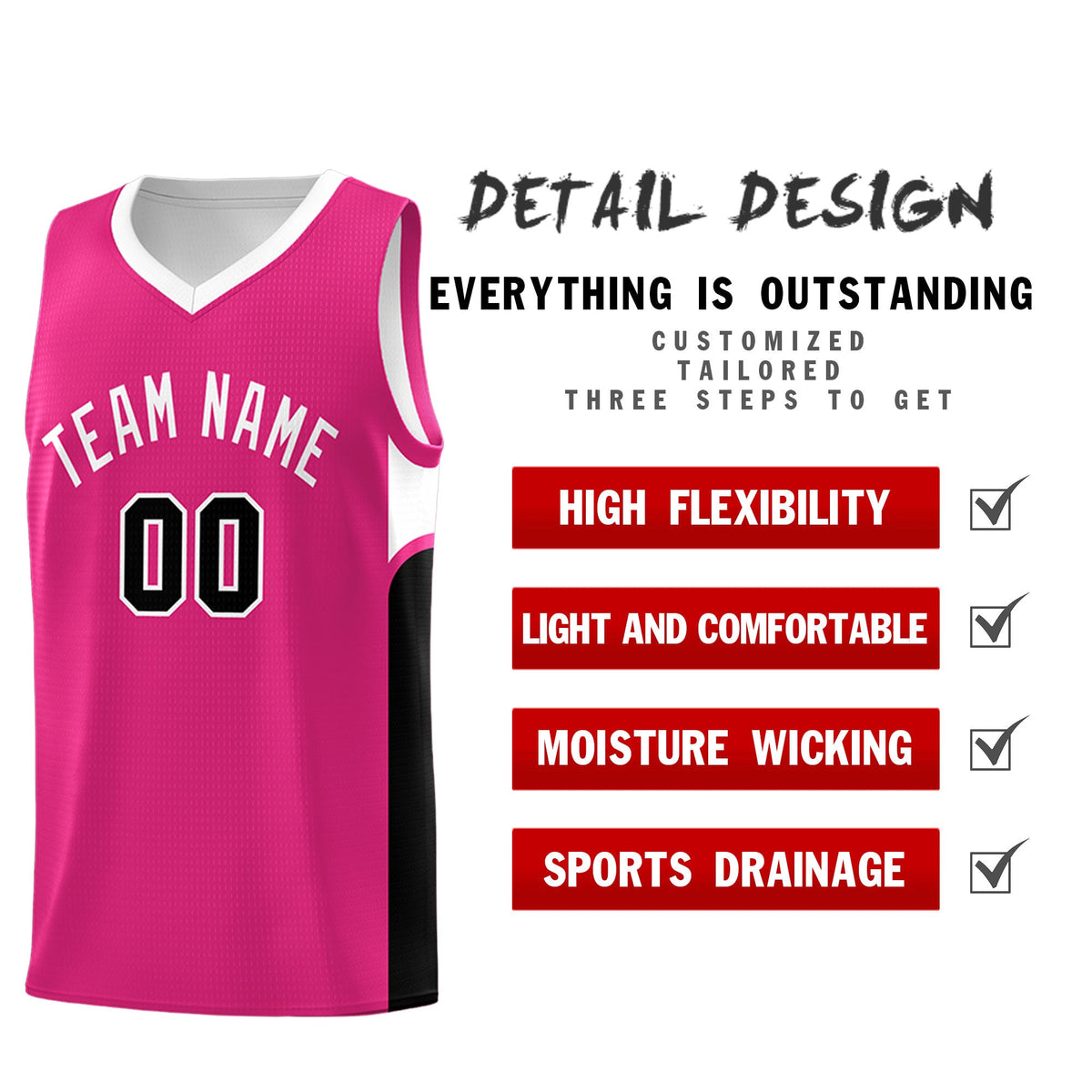 Custom Pink White Side U-shaped Patttern Double Side Sports Uniform Basketball Jersey