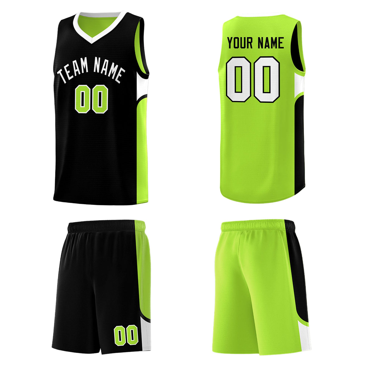 Custom Black Neon Green Side U-shaped Patttern Double Side Sports Uniform Basketball Jersey