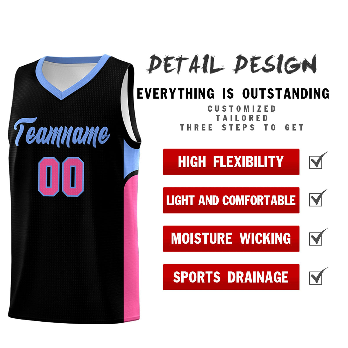 Custom Black White Side U-shaped Patttern Double Side Sports Uniform Basketball Jersey