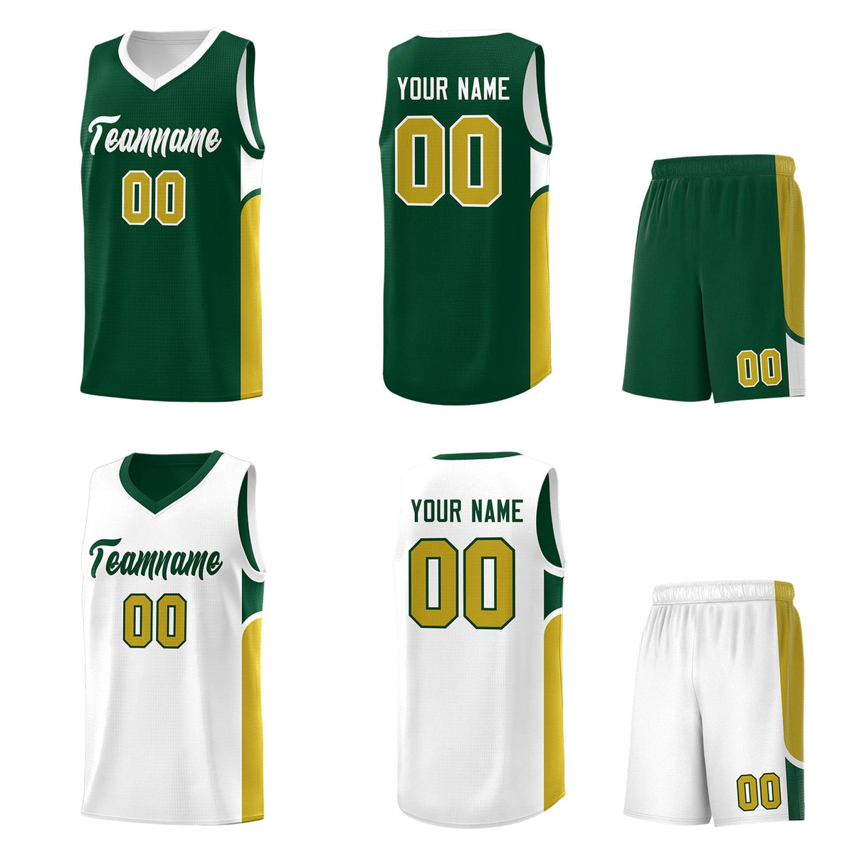 Custom Green White Side U-shaped Patttern Double Side Sports Uniform Basketball Jersey