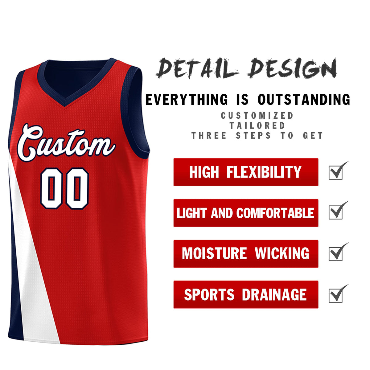 Custom Red Navy Slanting Two Lines Color Block Sports Uniform Basketball Jersey