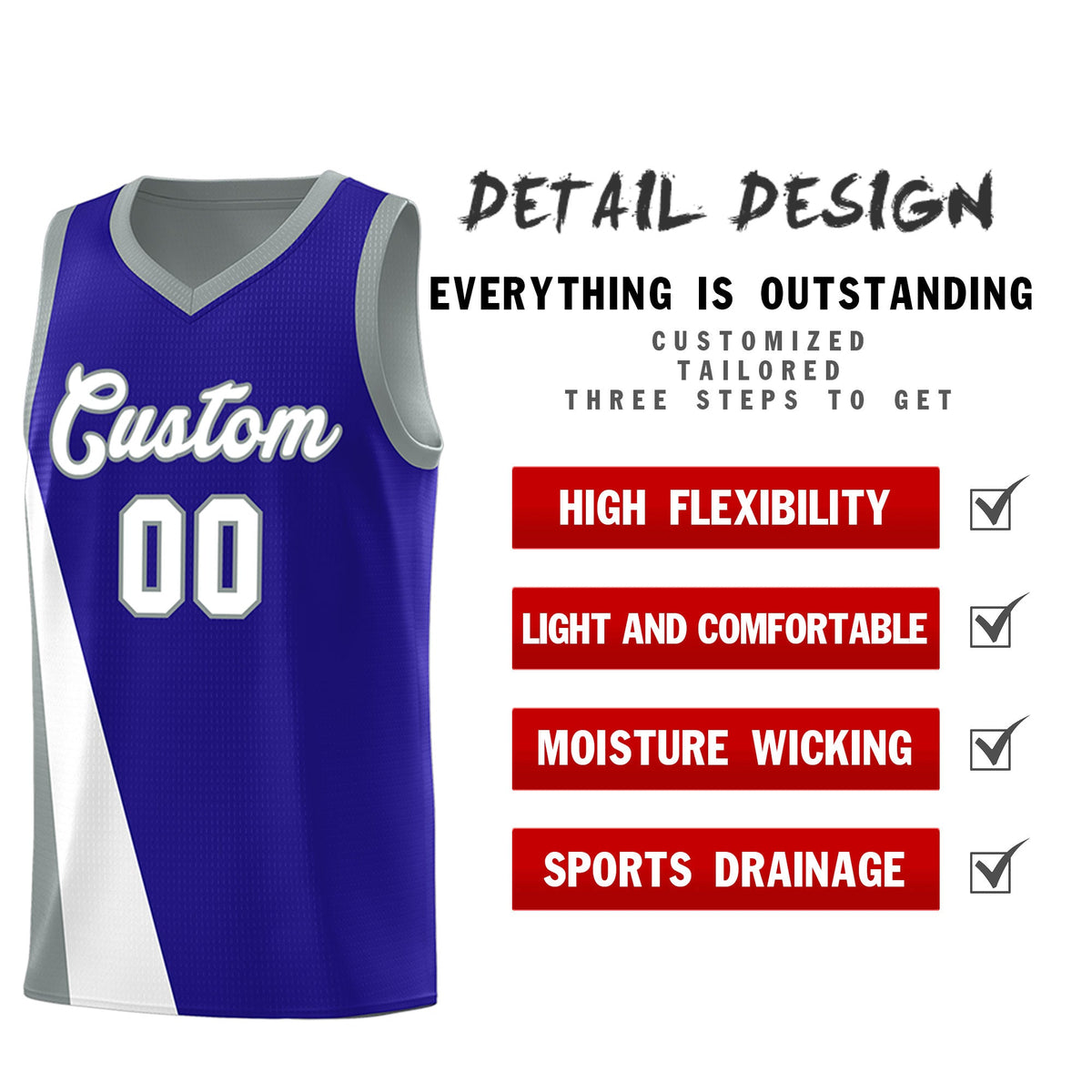 Custom Royal Gray Slanting Two Lines Color Block Sports Uniform Basketball Jersey
