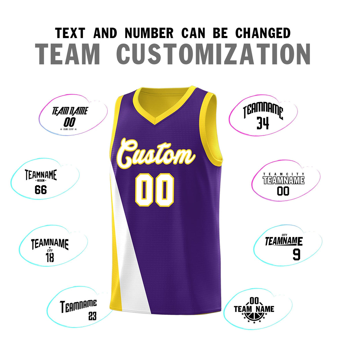 Custom Purple Gold Slanting Two Lines Color Block Sports Uniform Basketball Jersey