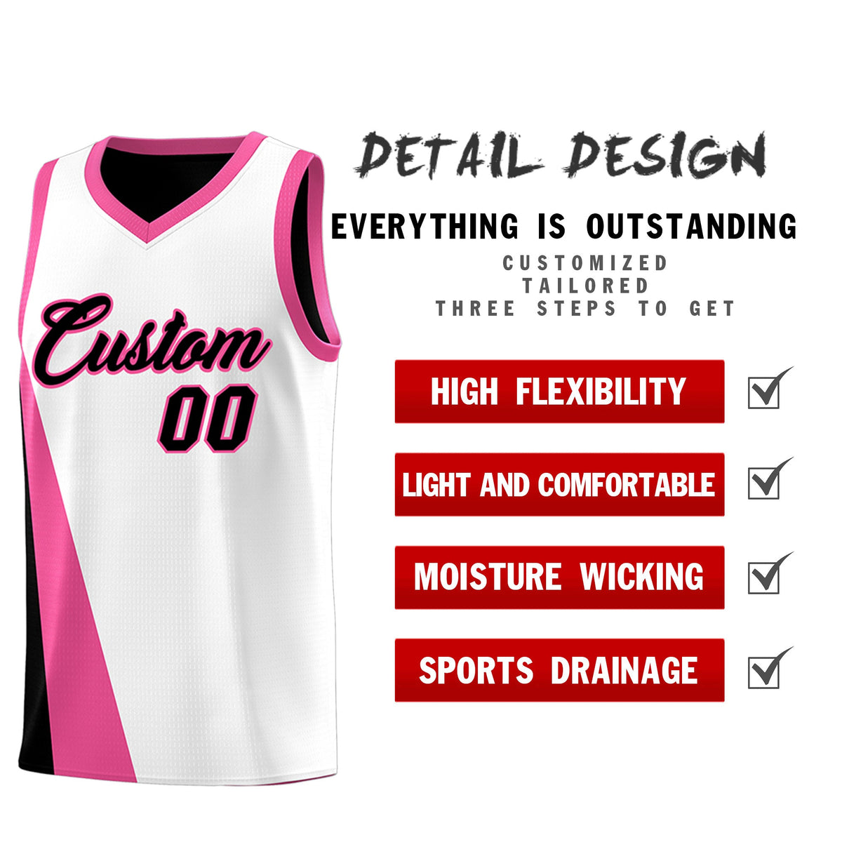 Custom White Black Slanting Two Lines Color Block Sports Uniform Basketball Jersey