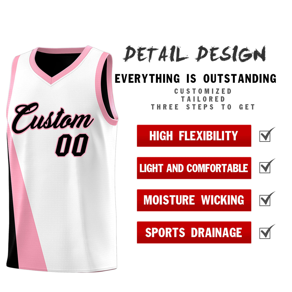 Custom White Black Slanting Two Lines Color Block Sports Uniform Basketball Jersey