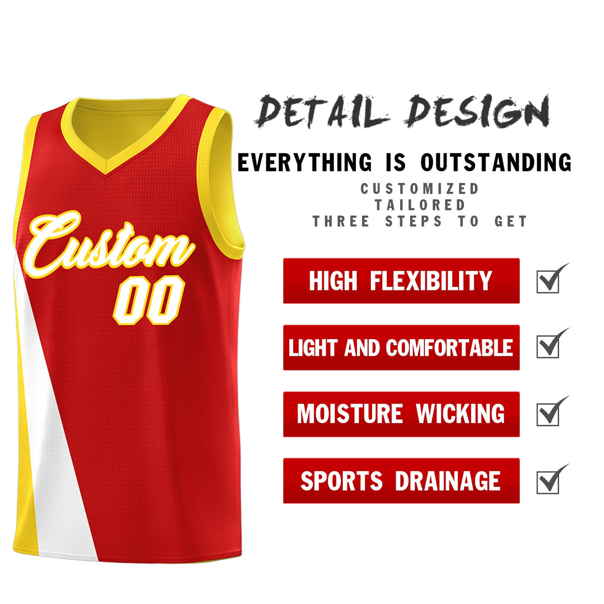 Custom Red Gold Slanting Two Lines Color Block Sports Uniform Basketball Jersey