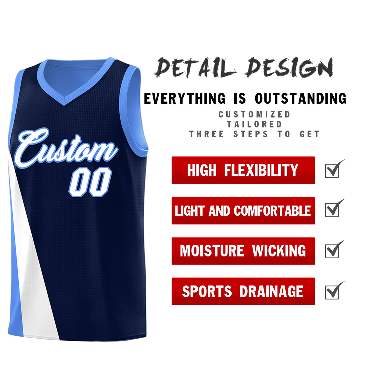 Custom Navy Powder Blue Slanting Two Lines Color Block Sports Uniform Basketball Jersey