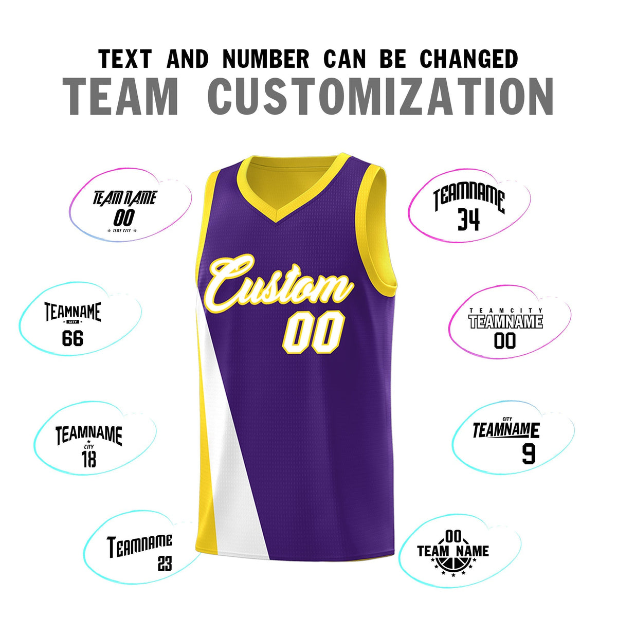 Custom Purple Gold Slanting Two Lines Color Block Sports Uniform Basketball Jersey