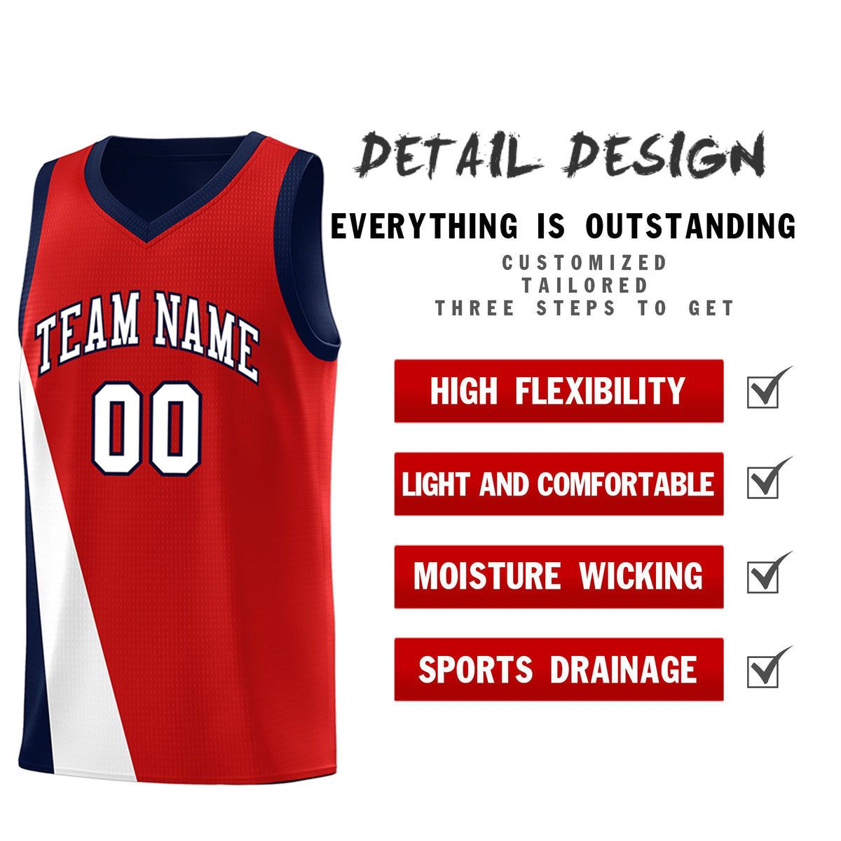 Custom Red Navy Slanting Two Lines Color Block Sports Uniform Basketball Jersey