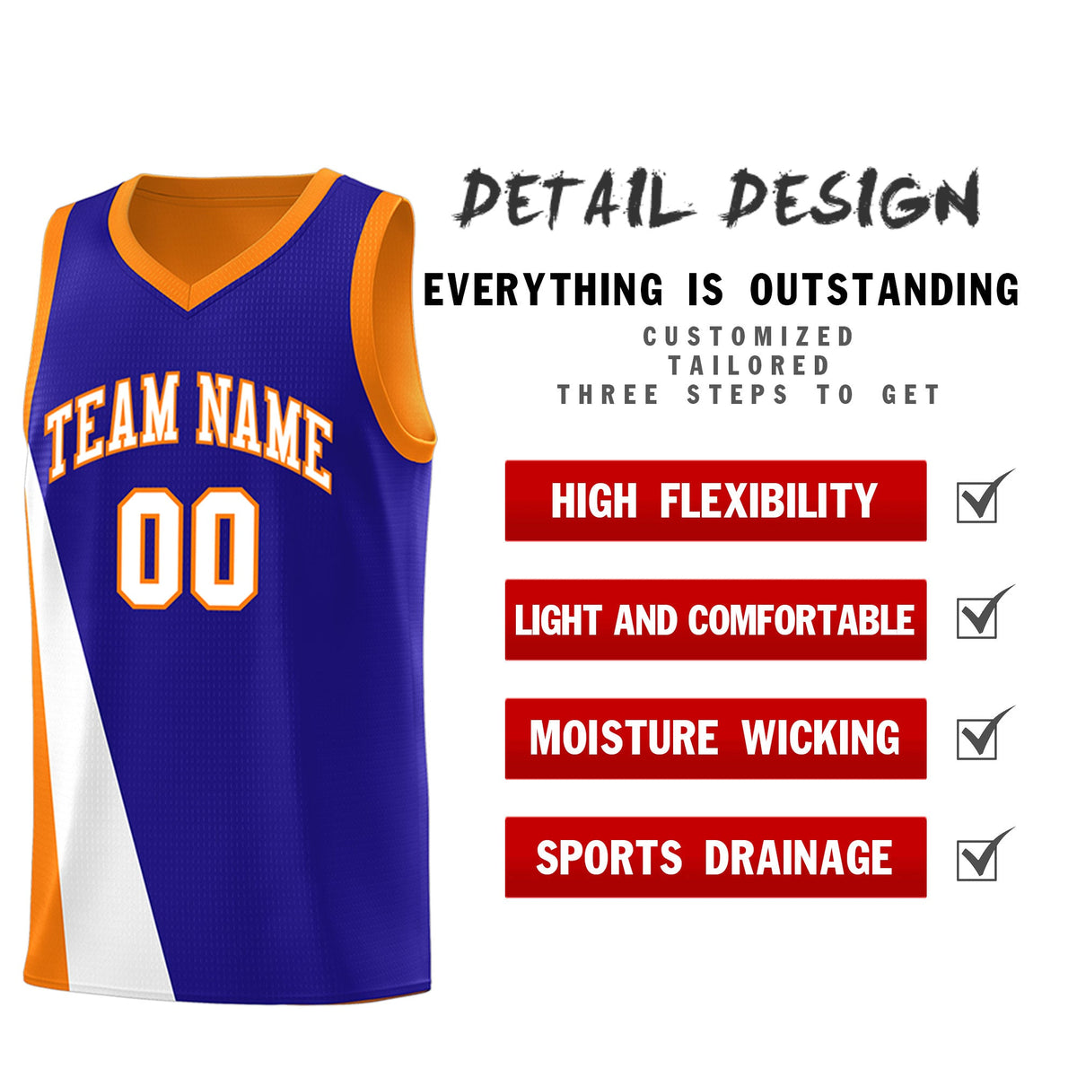 Custom Royal Orange Slanting Two Lines Color Block Sports Uniform Basketball Jersey