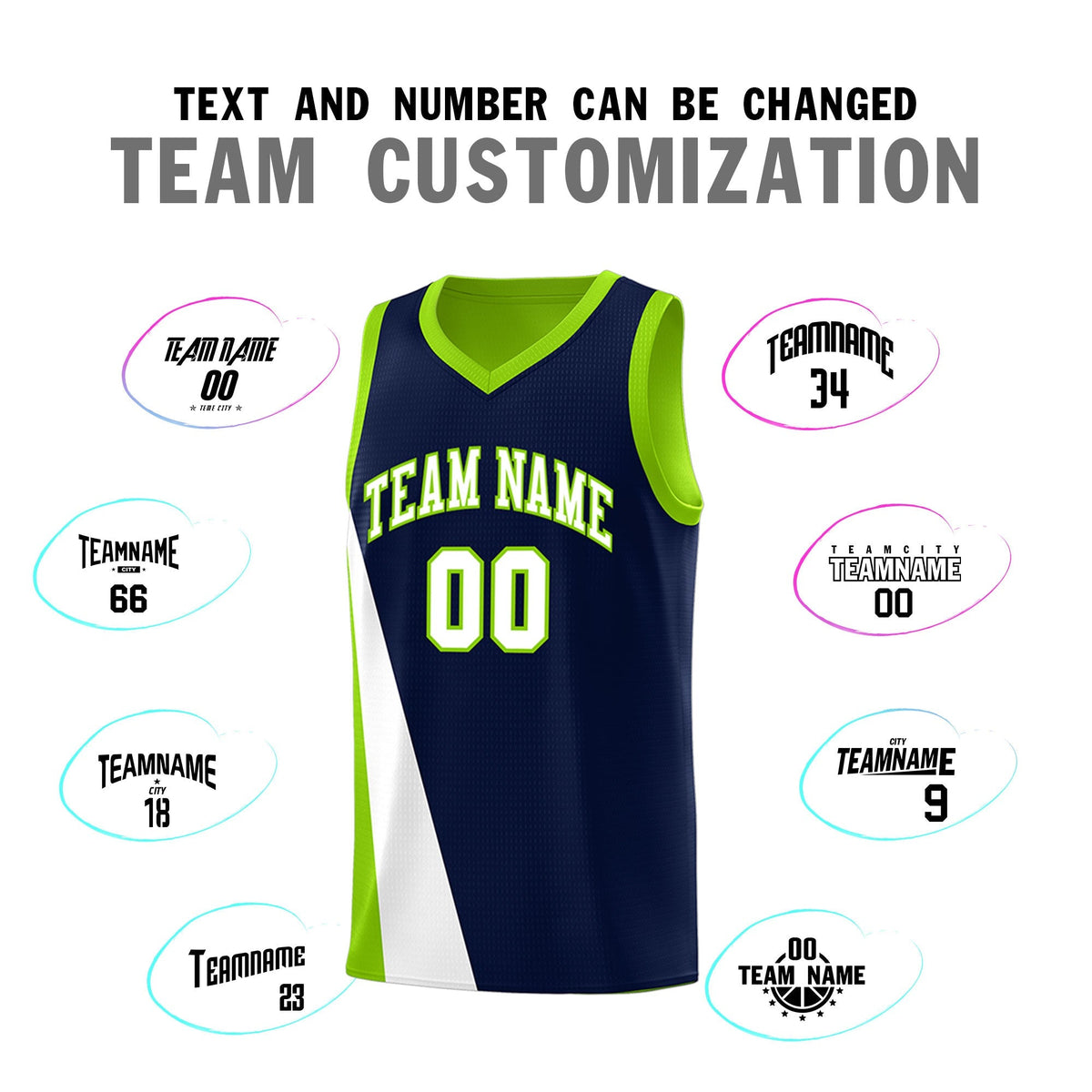 Custom Navy Neon Green Slanting Two Lines Color Block Sports Uniform Basketball Jersey