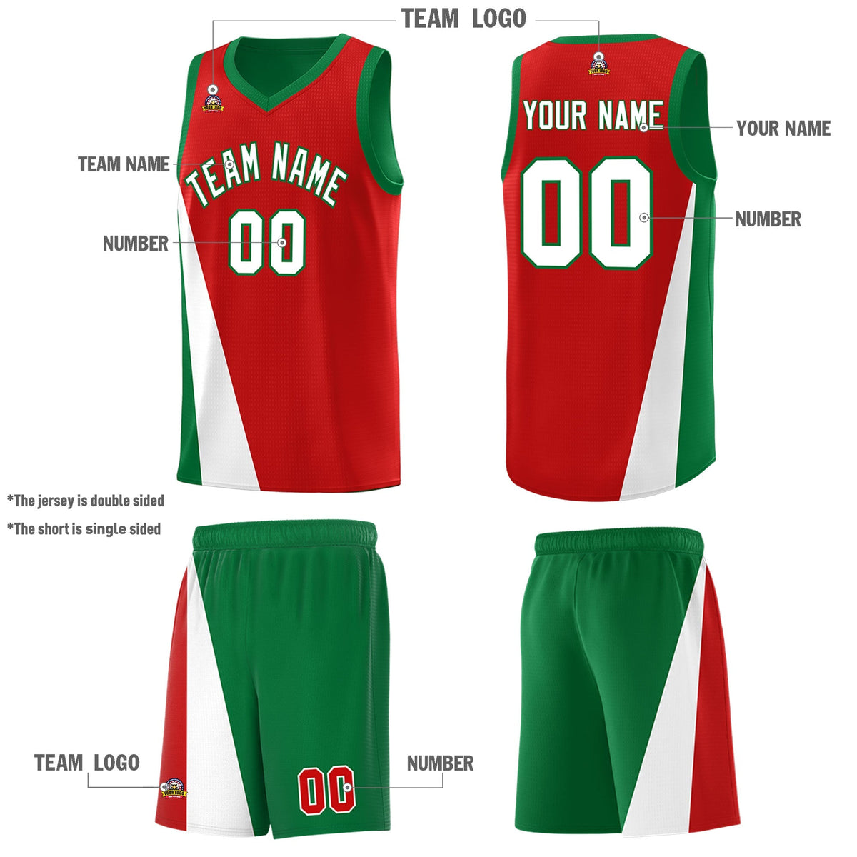 Custom Red Kelly Green Slanting Two Lines Color Block Sports Uniform Basketball Jersey