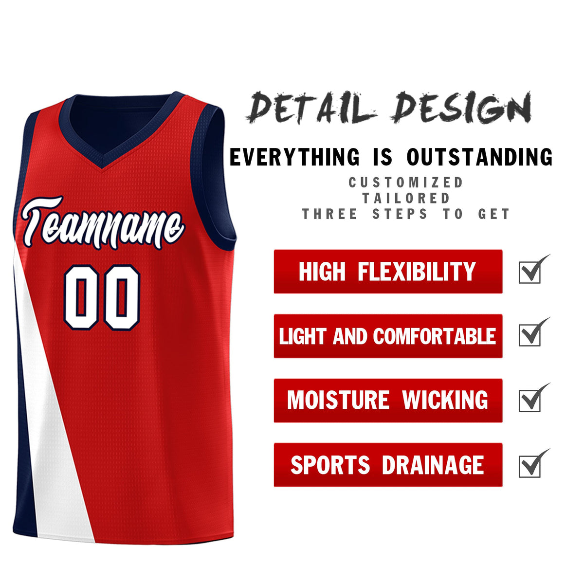 Custom Red Navy Slanting Two Lines Color Block Sports Uniform Basketball Jersey