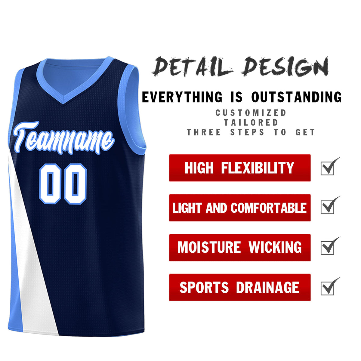 Custom Navy Powder Blue Slanting Two Lines Color Block Sports Uniform Basketball Jersey