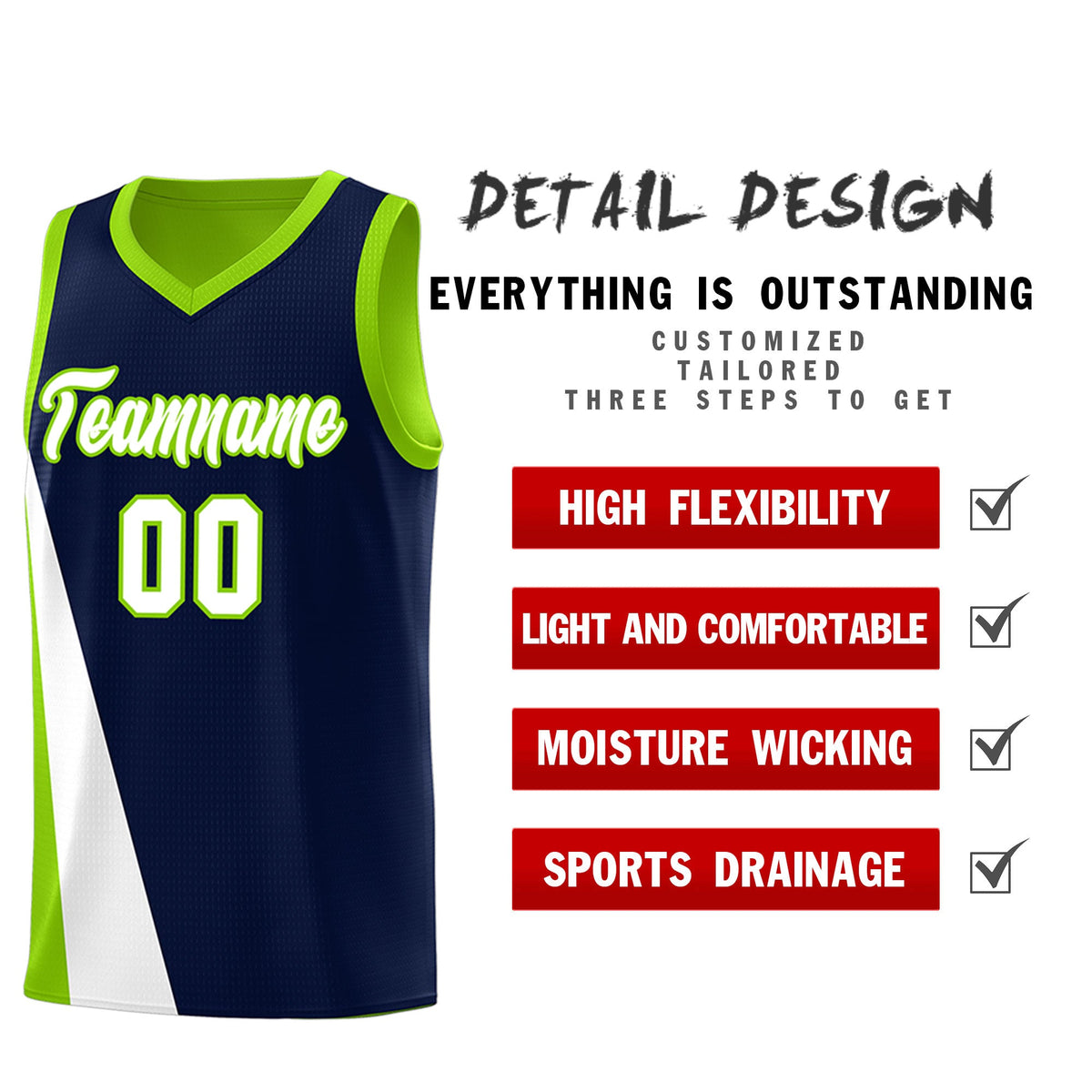Custom Navy Neon Green Slanting Two Lines Color Block Sports Uniform Basketball Jersey