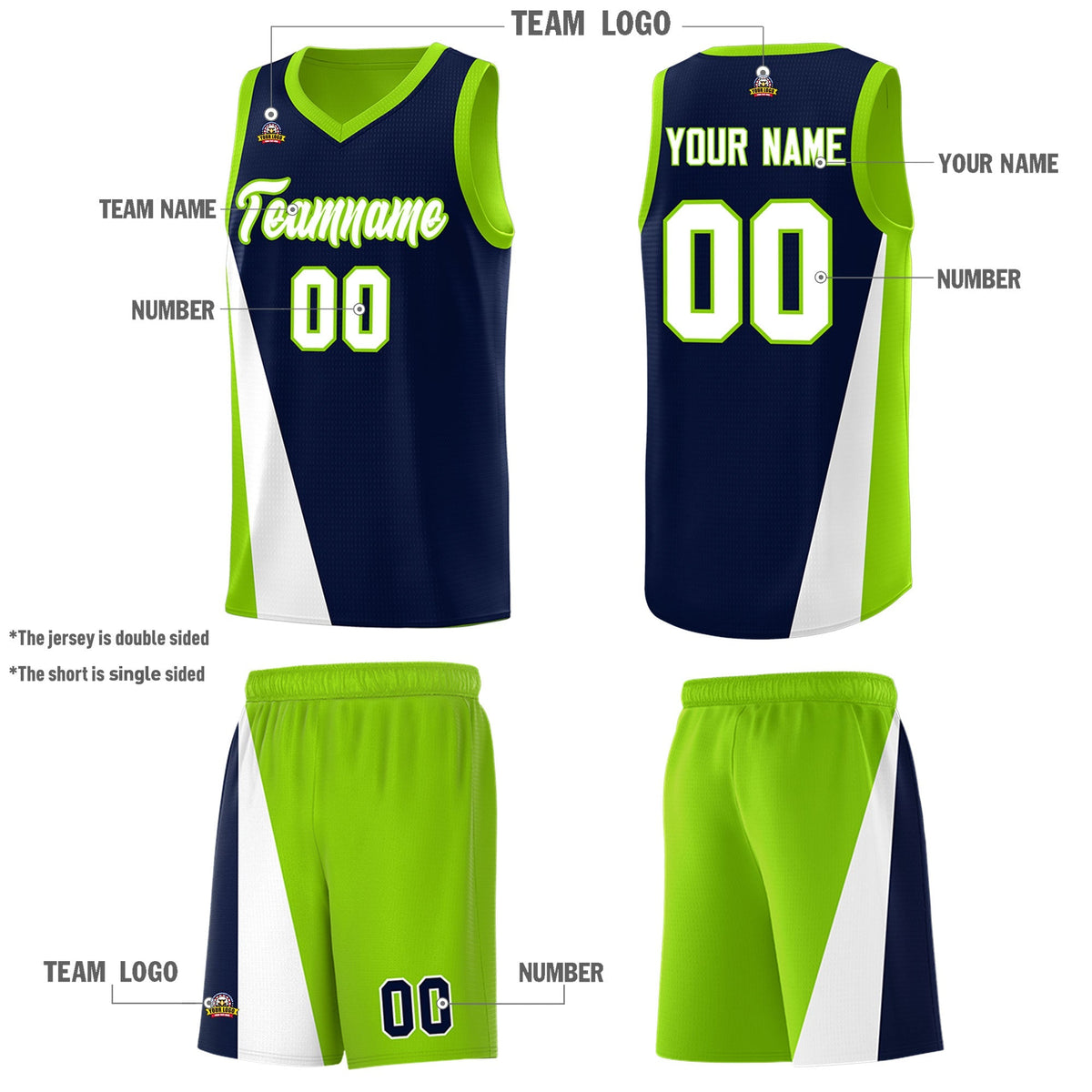 Custom Navy Neon Green Slanting Two Lines Color Block Sports Uniform Basketball Jersey