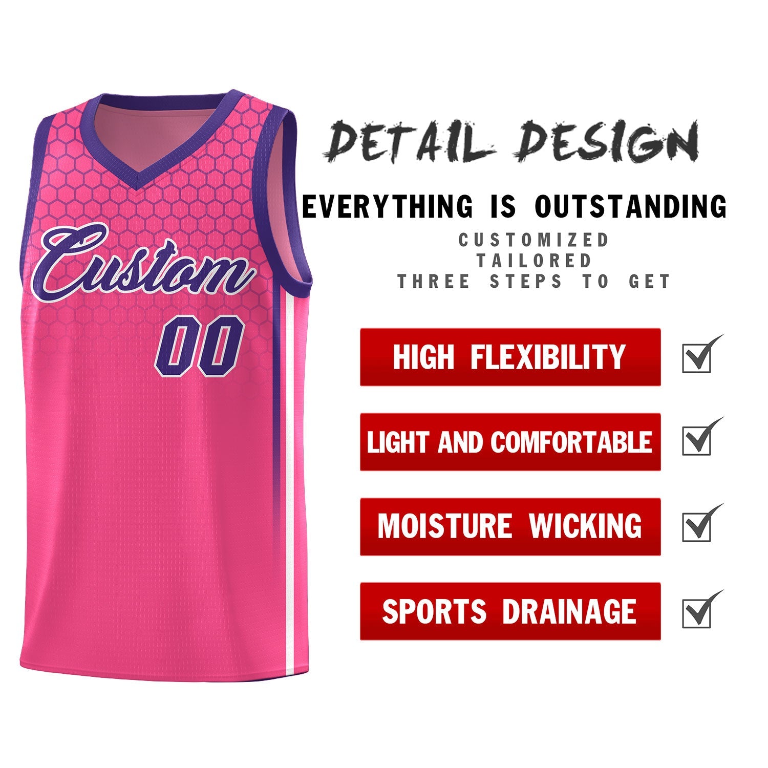 Custom Pink Personalized Honeycomb Pattern Sports Uniform Basketball Jersey