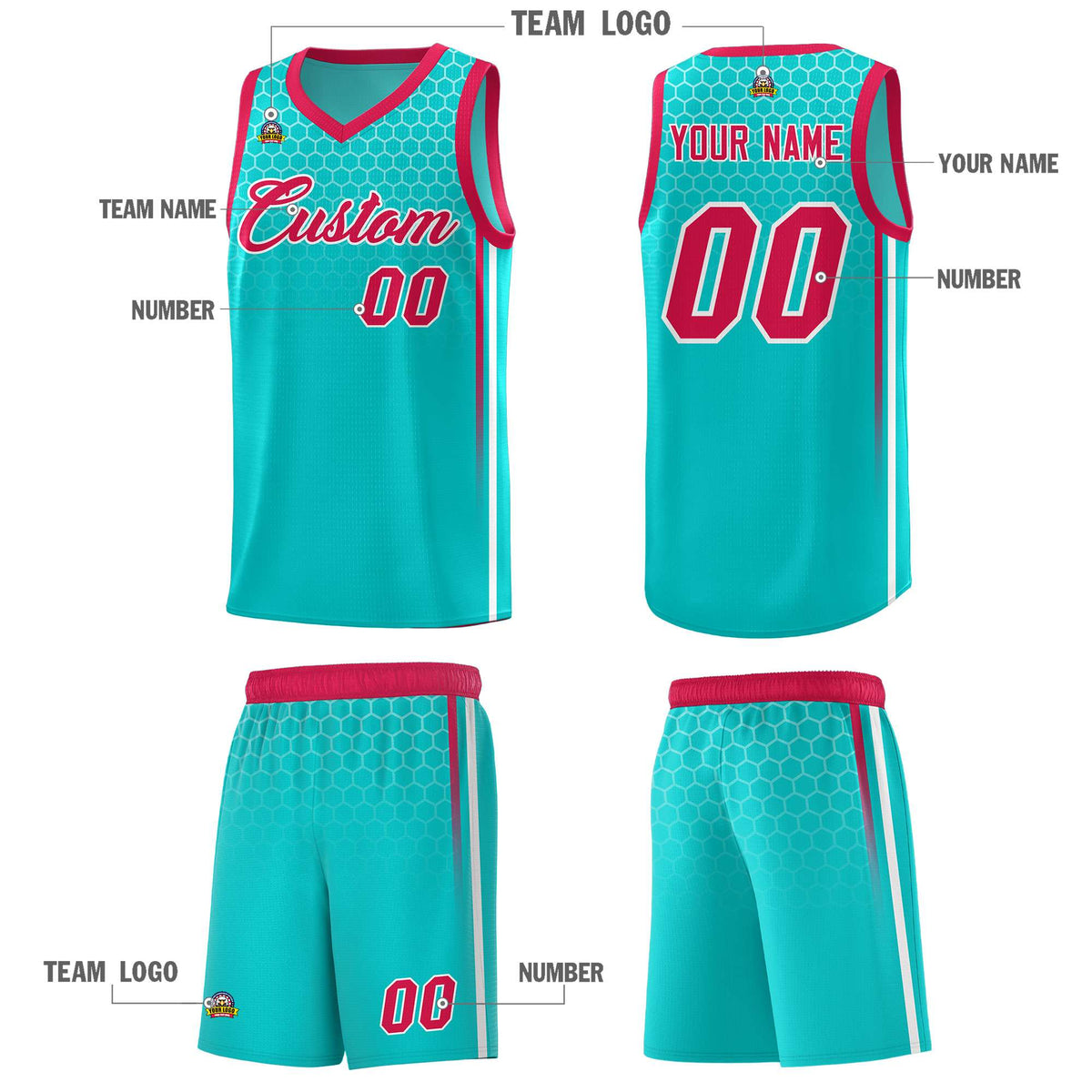 Custom Aqua Personalized Honeycomb Pattern Sports Uniform Basketball Jersey