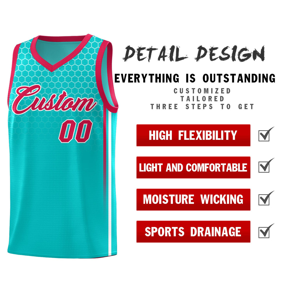 Custom Aqua Personalized Honeycomb Pattern Sports Uniform Basketball Jersey