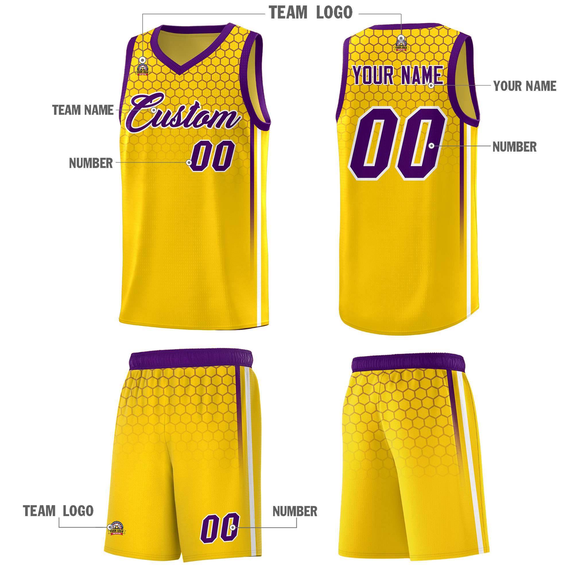 Custom Gold Personalized Honeycomb Pattern Sports Uniform Basketball Jersey