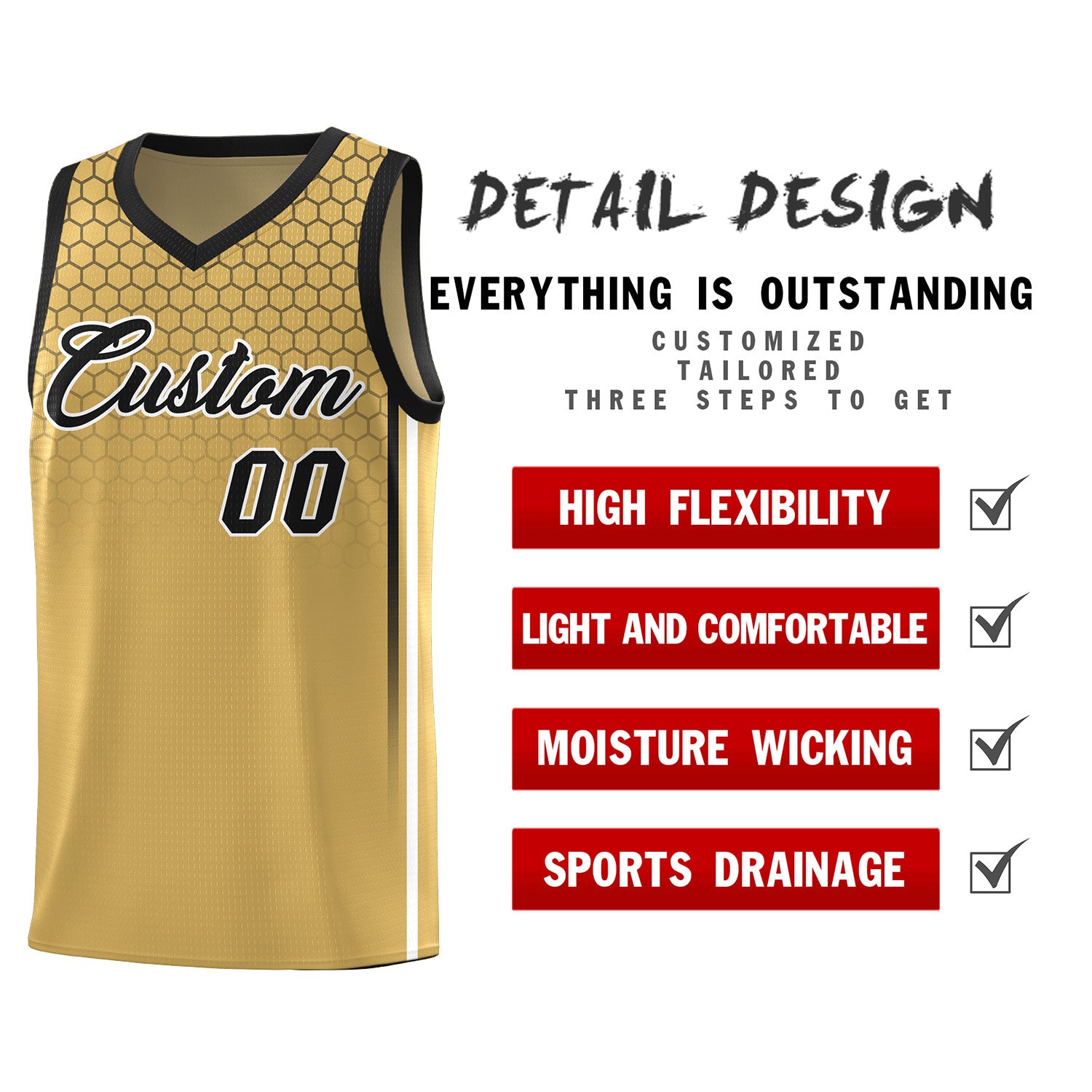 Custom Old Gold Personalized Honeycomb Pattern Sports Uniform Basketball Jersey