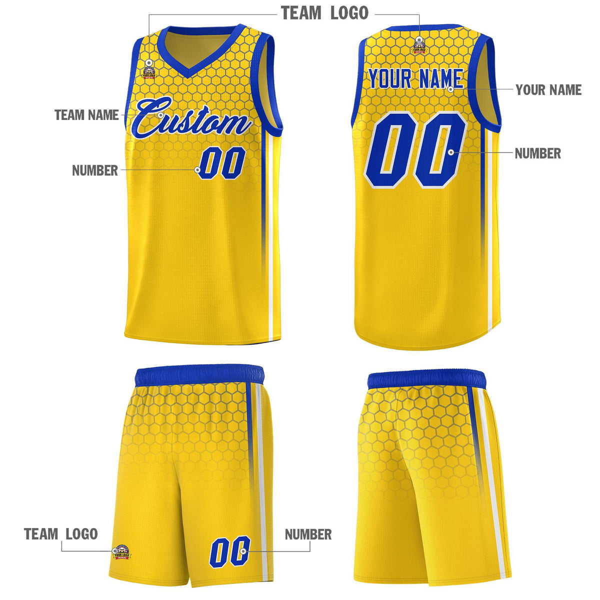 Custom Gold Personalized Honeycomb Pattern Sports Uniform Basketball Jersey