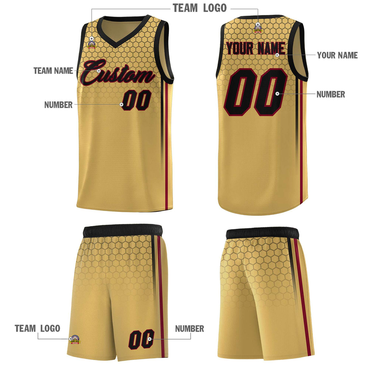 Custom Old Gold Personalized Honeycomb Pattern Sports Uniform Basketball Jersey