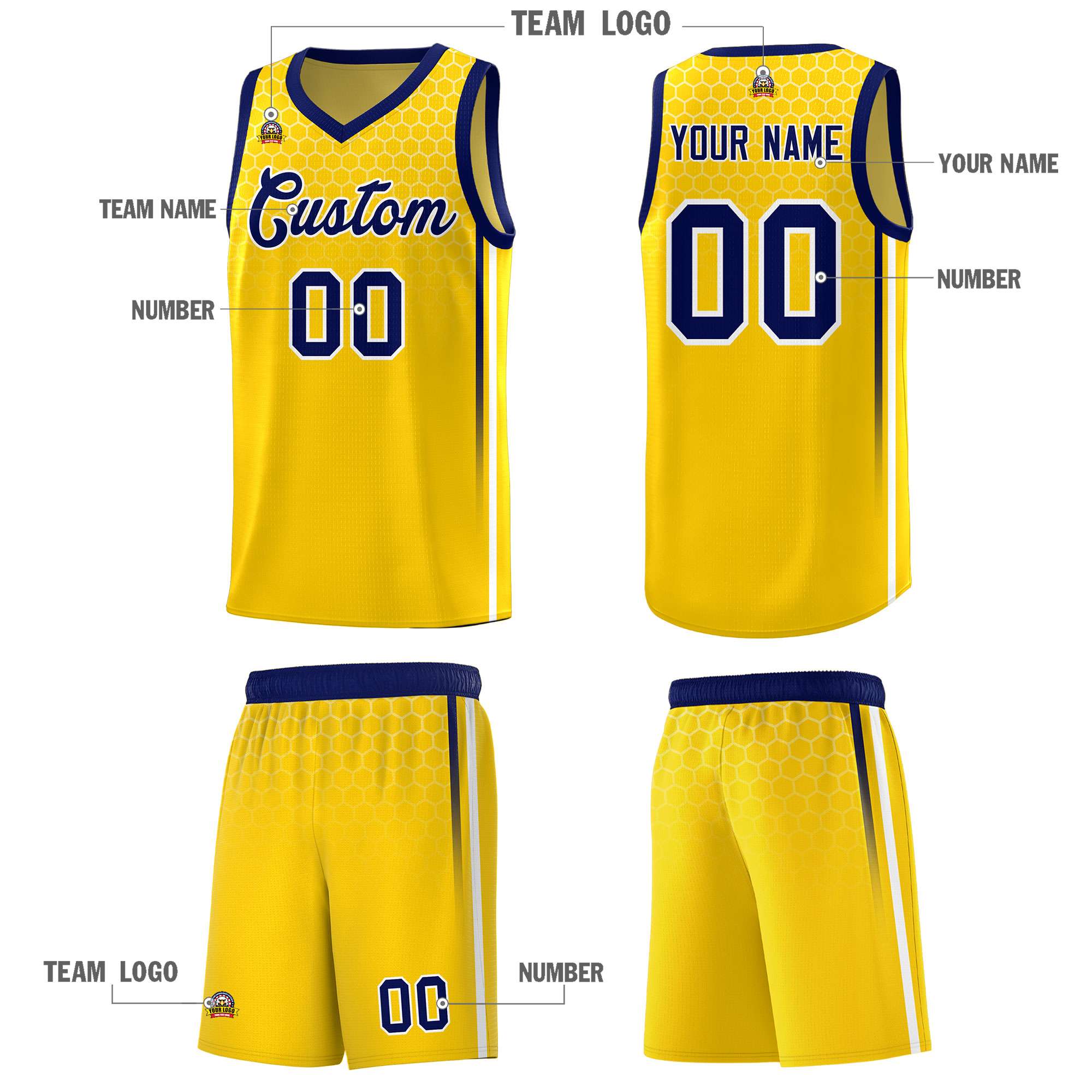 Custom Gold Personalized Honeycomb Pattern Sports Uniform Basketball Jersey