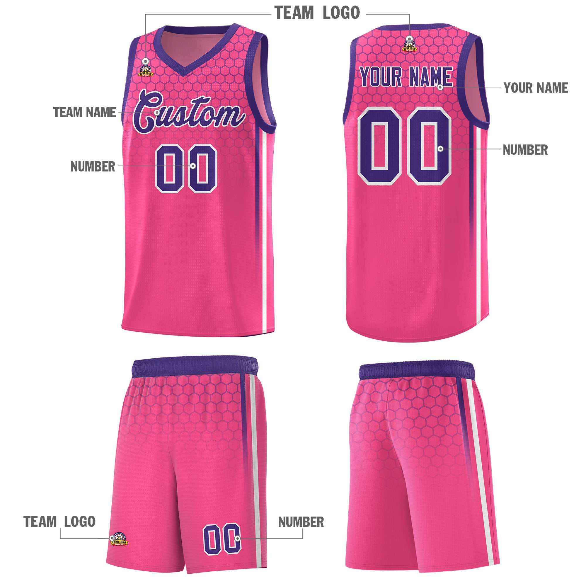 Custom Pink Personalized Honeycomb Pattern Sports Uniform Basketball Jersey