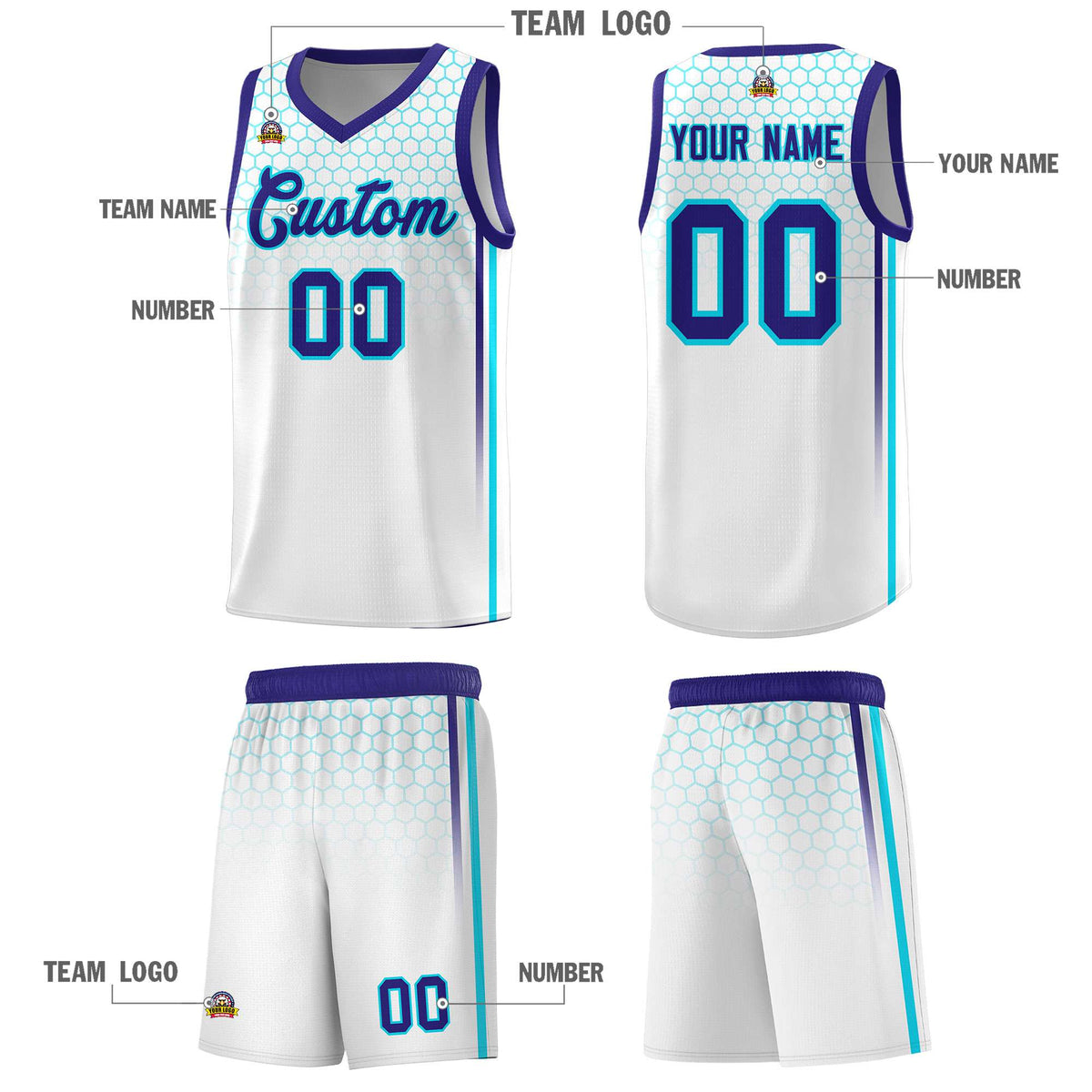 Custom White Personalized Honeycomb Pattern Sports Uniform Basketball Jersey
