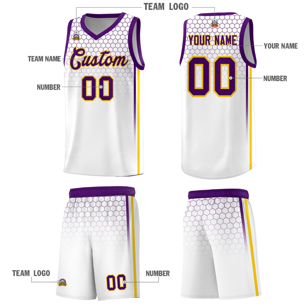 Custom White Personalized Honeycomb Pattern Sports Uniform Basketball Jersey