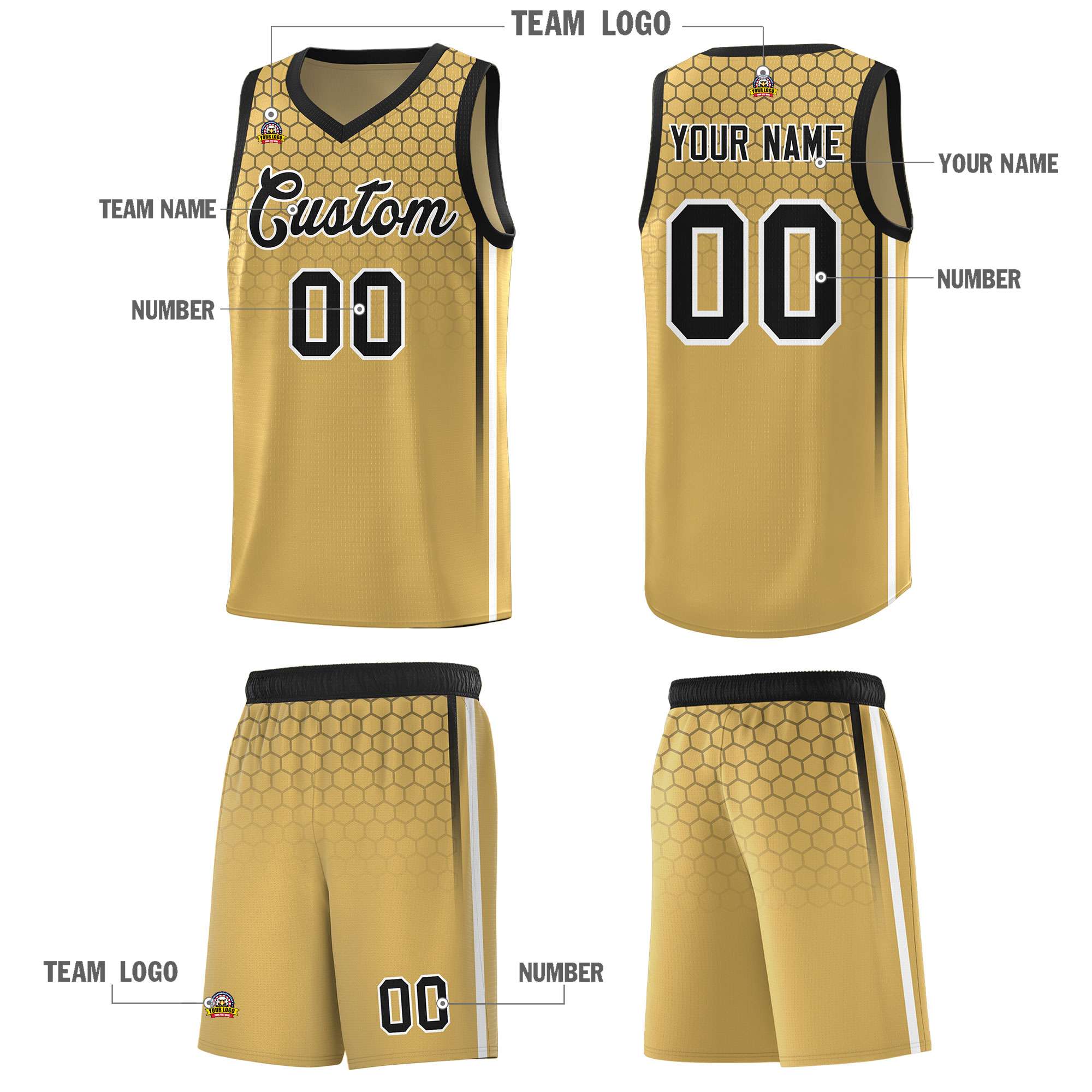 Custom Old Gold Personalized Honeycomb Pattern Sports Uniform Basketball Jersey
