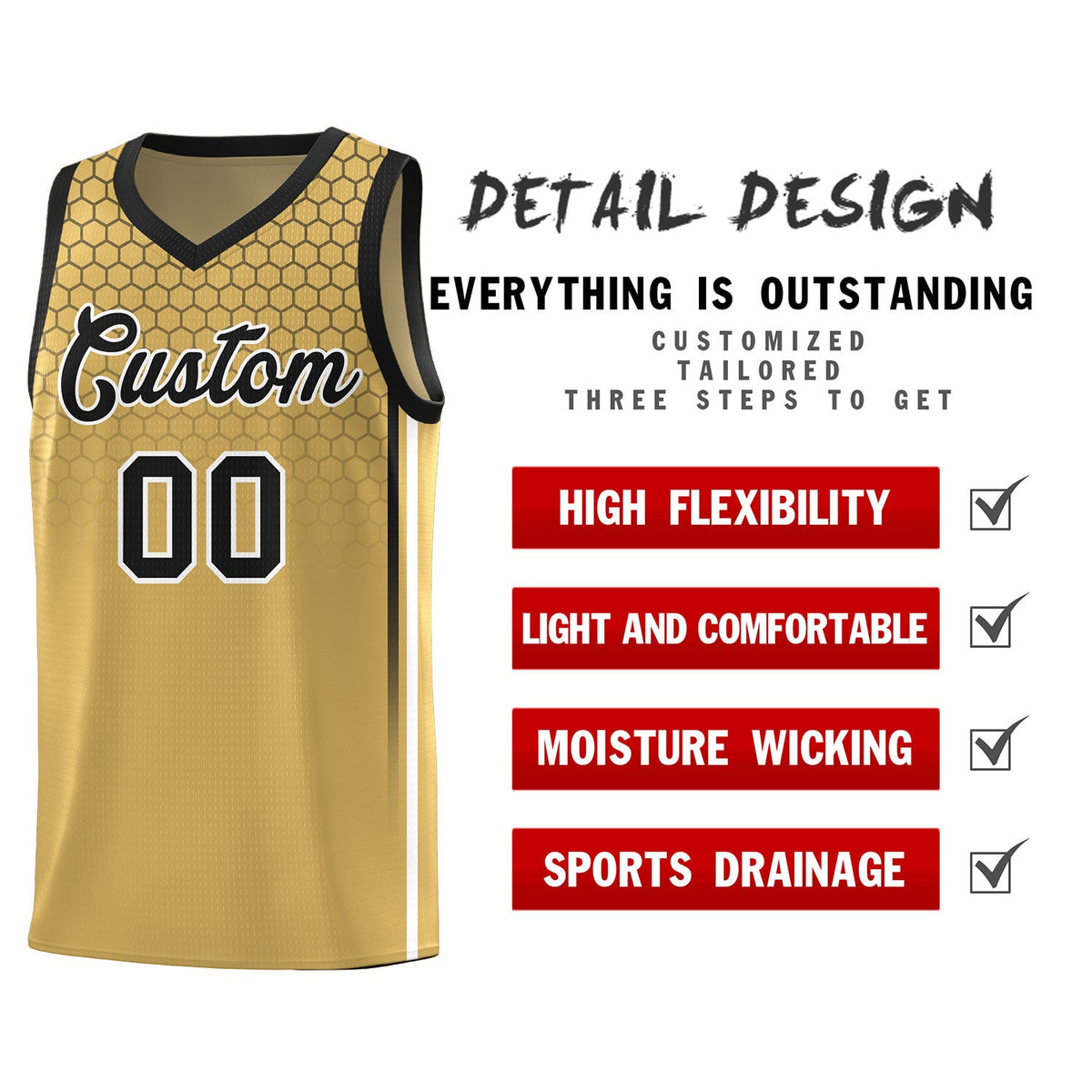 Custom Old Gold Personalized Honeycomb Pattern Sports Uniform Basketball Jersey