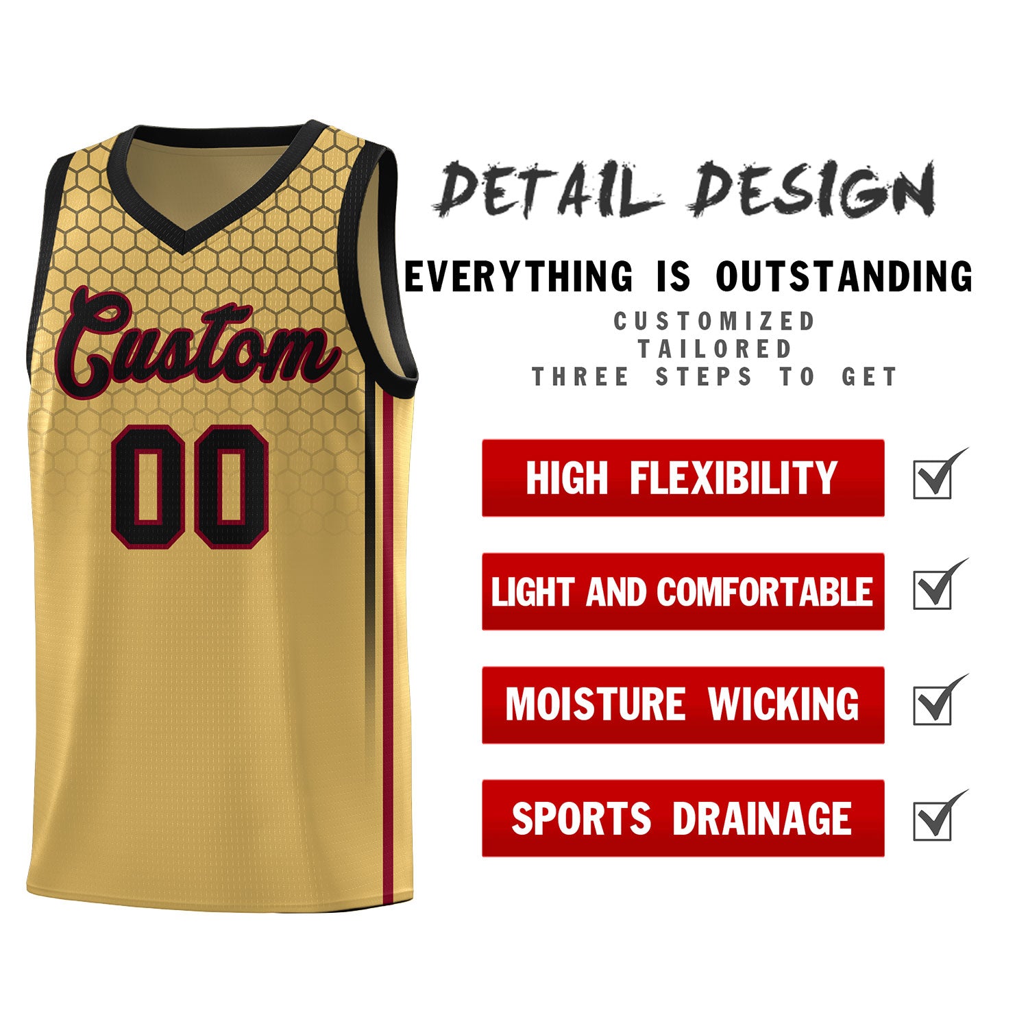 Custom Old Gold Personalized Honeycomb Pattern Sports Uniform Basketball Jersey