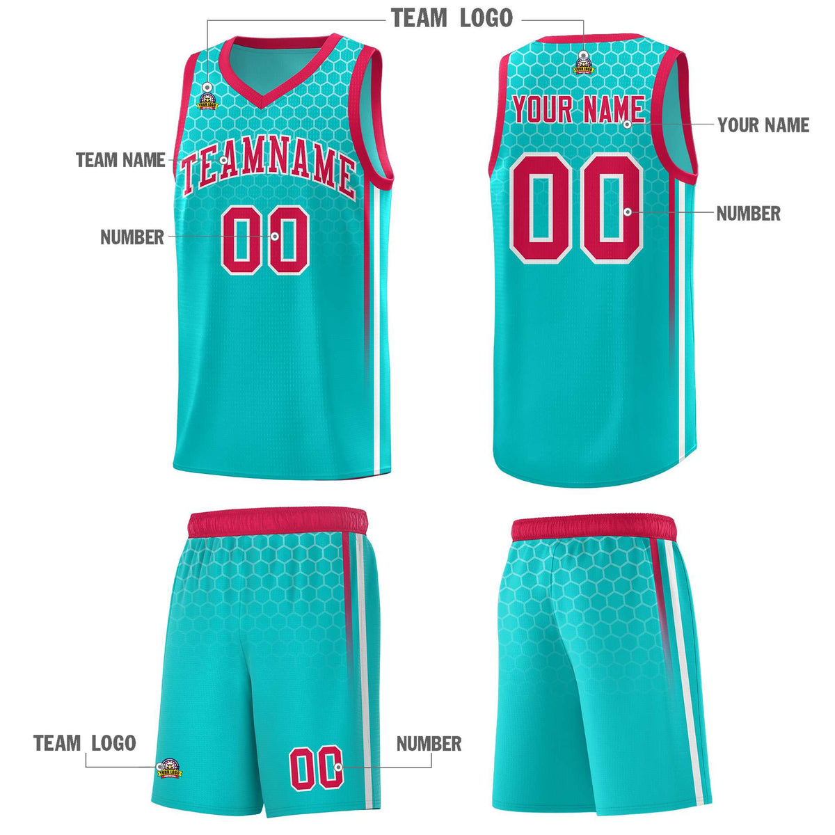 Custom Aqua Personalized Honeycomb Pattern Sports Uniform Basketball Jersey