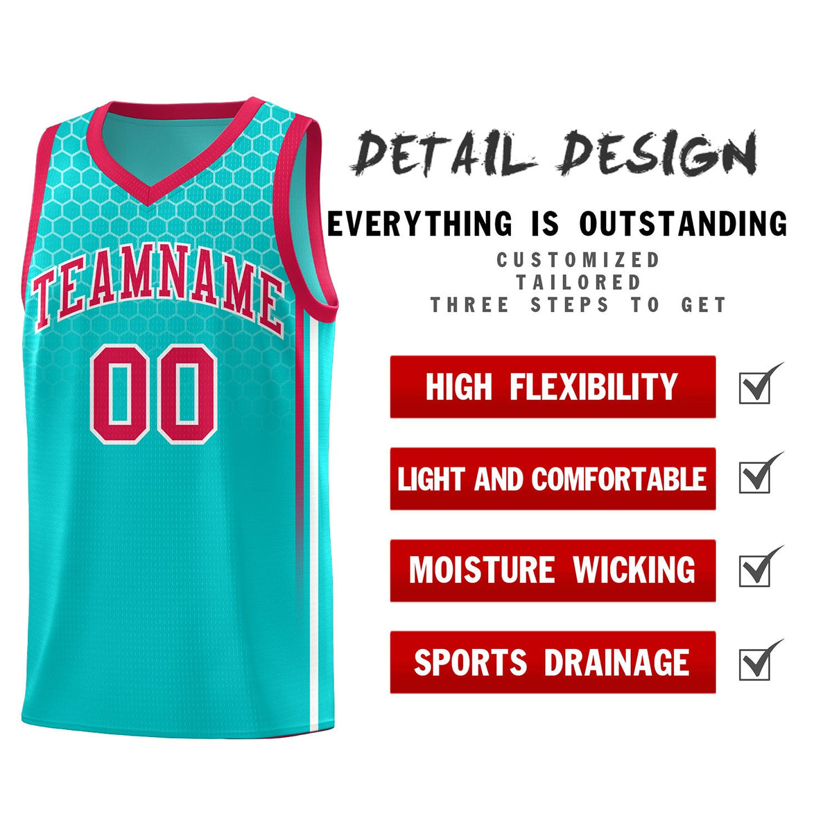 Custom Aqua Personalized Honeycomb Pattern Sports Uniform Basketball Jersey