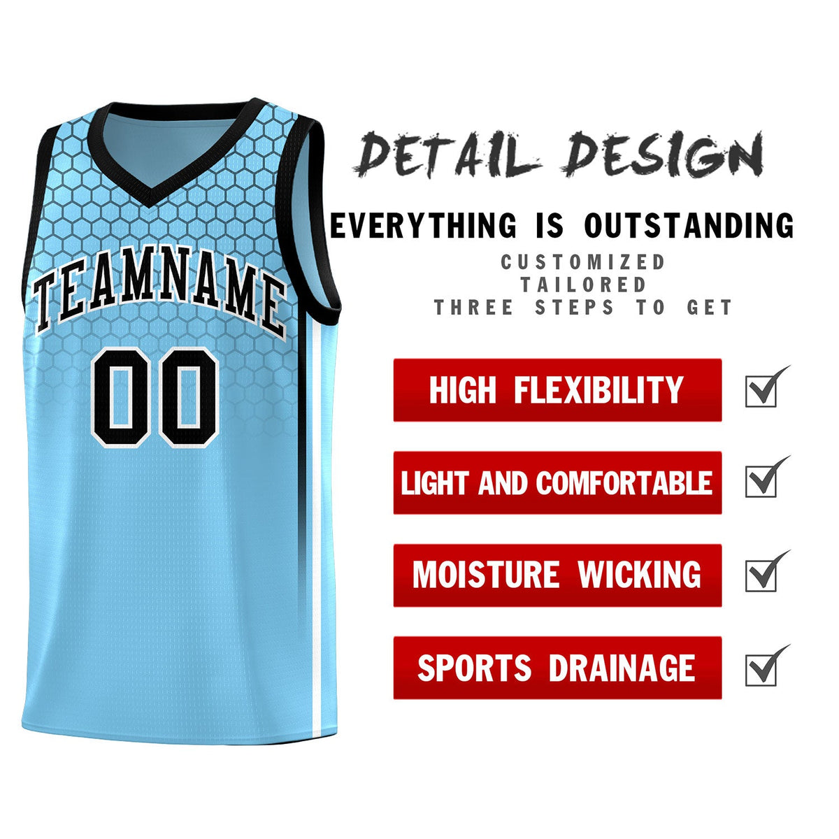 Custom Light Blue Personalized Honeycomb Pattern Sports Uniform Basketball Jersey