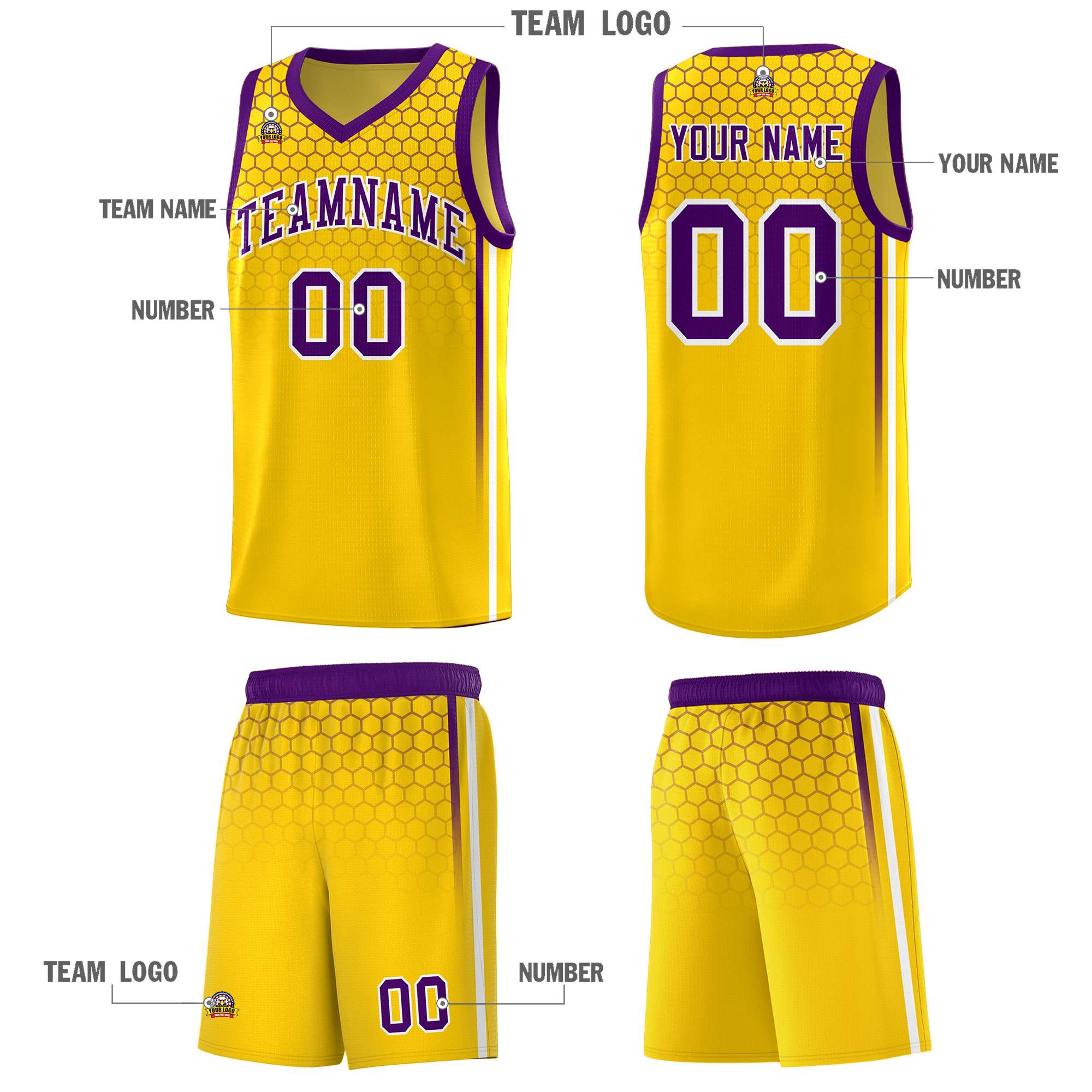 Custom Gold Personalized Honeycomb Pattern Sports Uniform Basketball Jersey