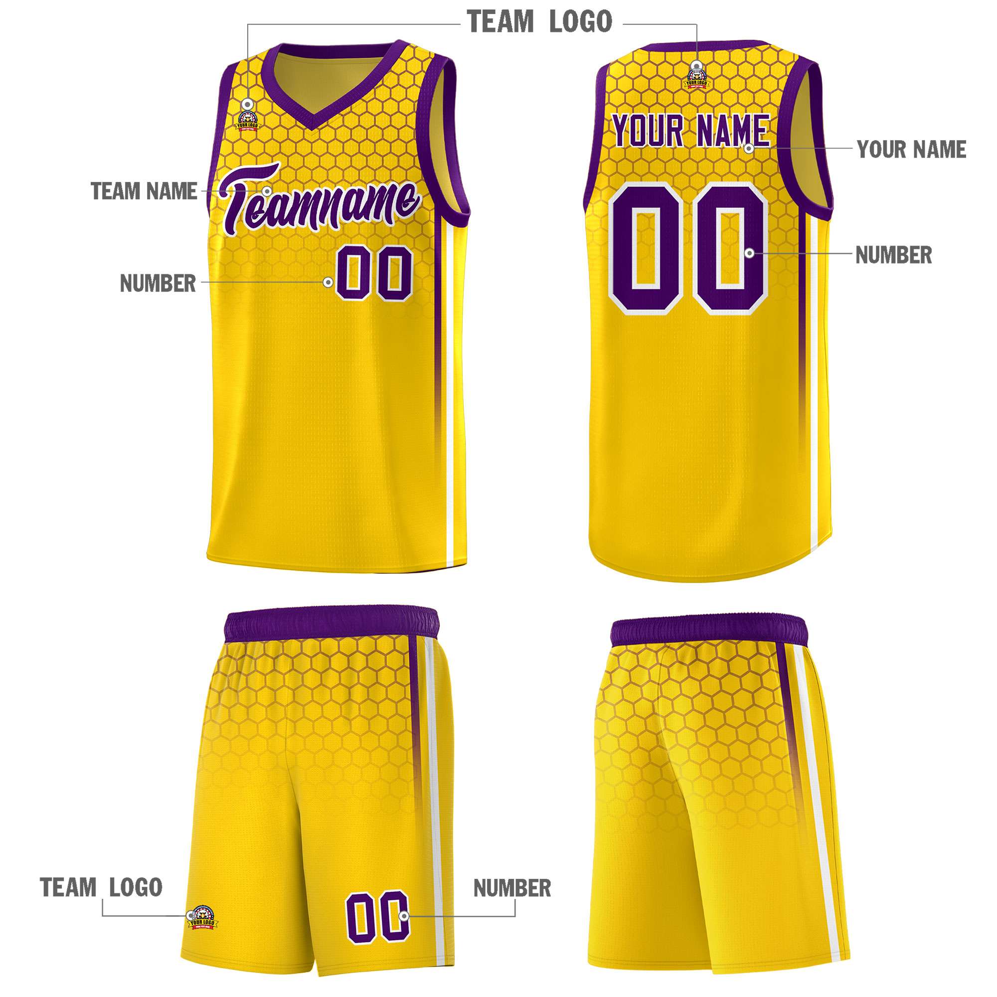 Custom Gold Personalized Honeycomb Pattern Sports Uniform Basketball Jersey