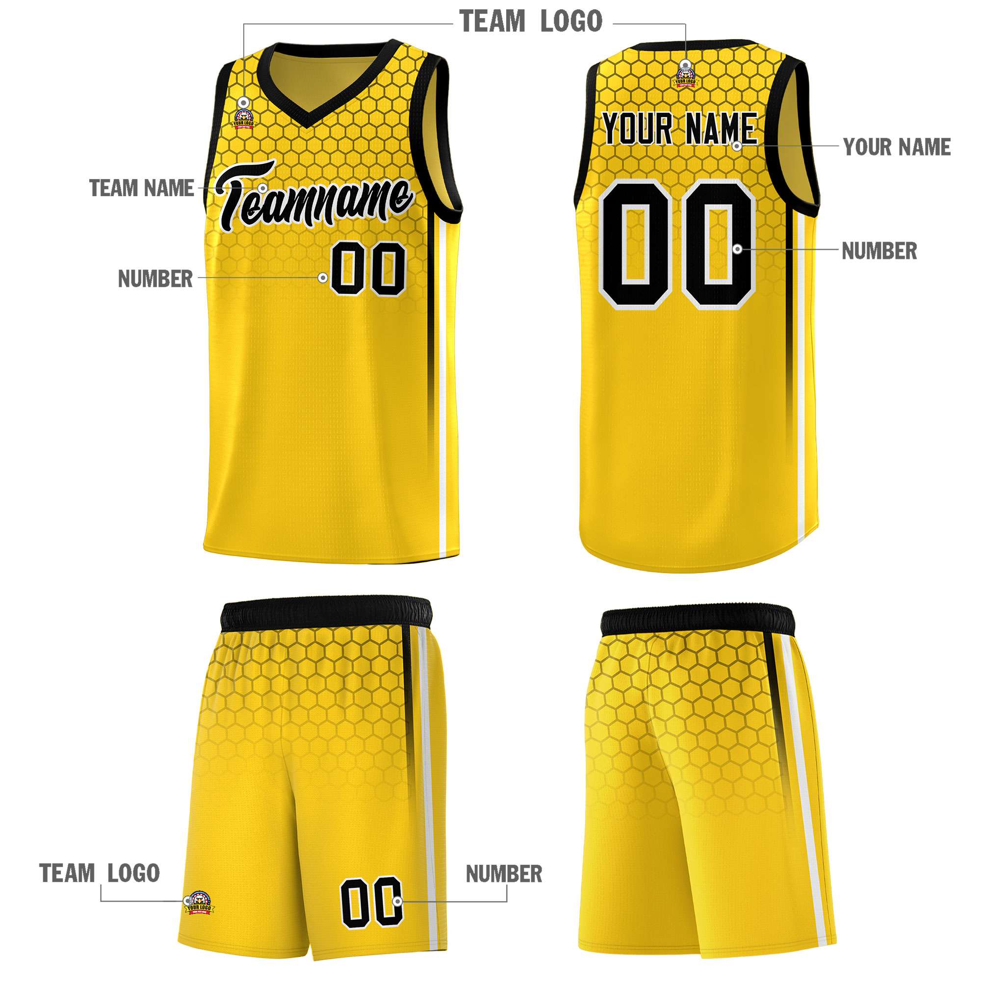 Custom Gold Personalized Honeycomb Pattern Sports Uniform Basketball Jersey