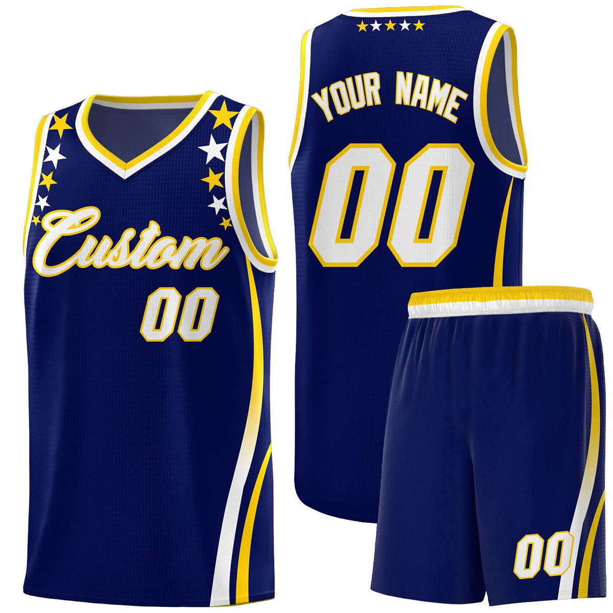 Custom Navy Shoulders Star Pattern Side Color Block Sports Uniform Basketball Kits