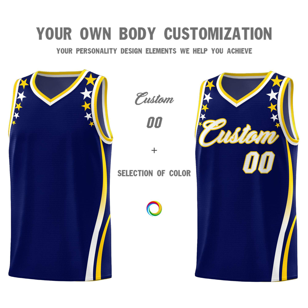 Custom Navy Shoulders Star Pattern Side Color Block Sports Uniform Basketball Kits