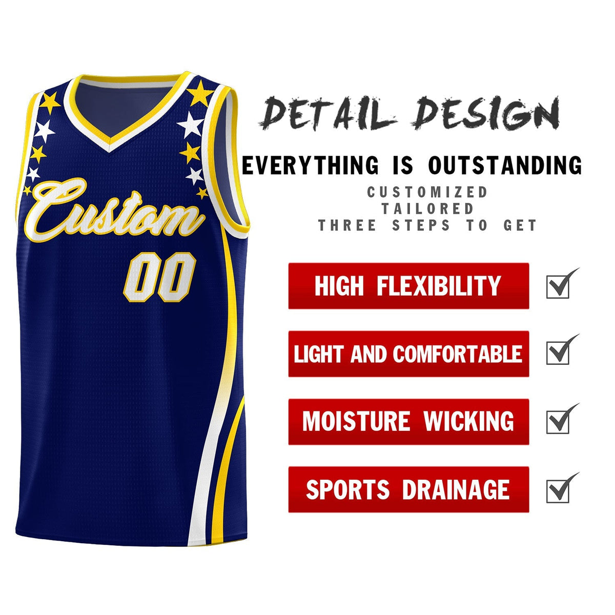 Custom Navy Shoulders Star Pattern Side Color Block Sports Uniform Basketball Kits