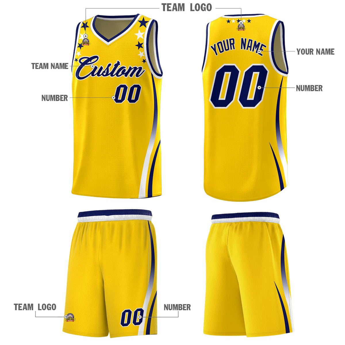 Custom Gold Shoulders Star Pattern Side Color Block Sports Uniform Basketball Kits