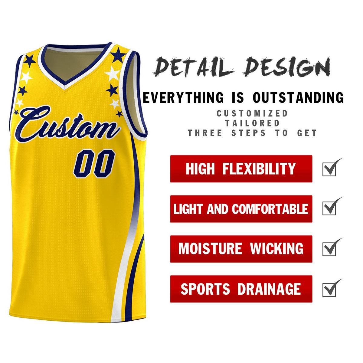 Custom Gold Shoulders Star Pattern Side Color Block Sports Uniform Basketball Kits