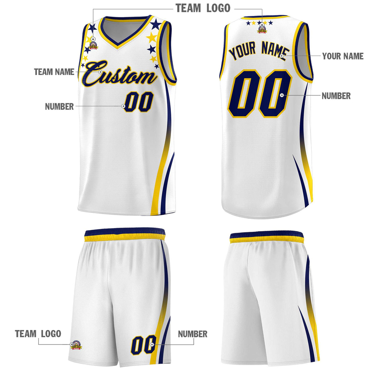 Custom White Shoulders Star Pattern Side Color Block Sports Uniform Basketball Kits